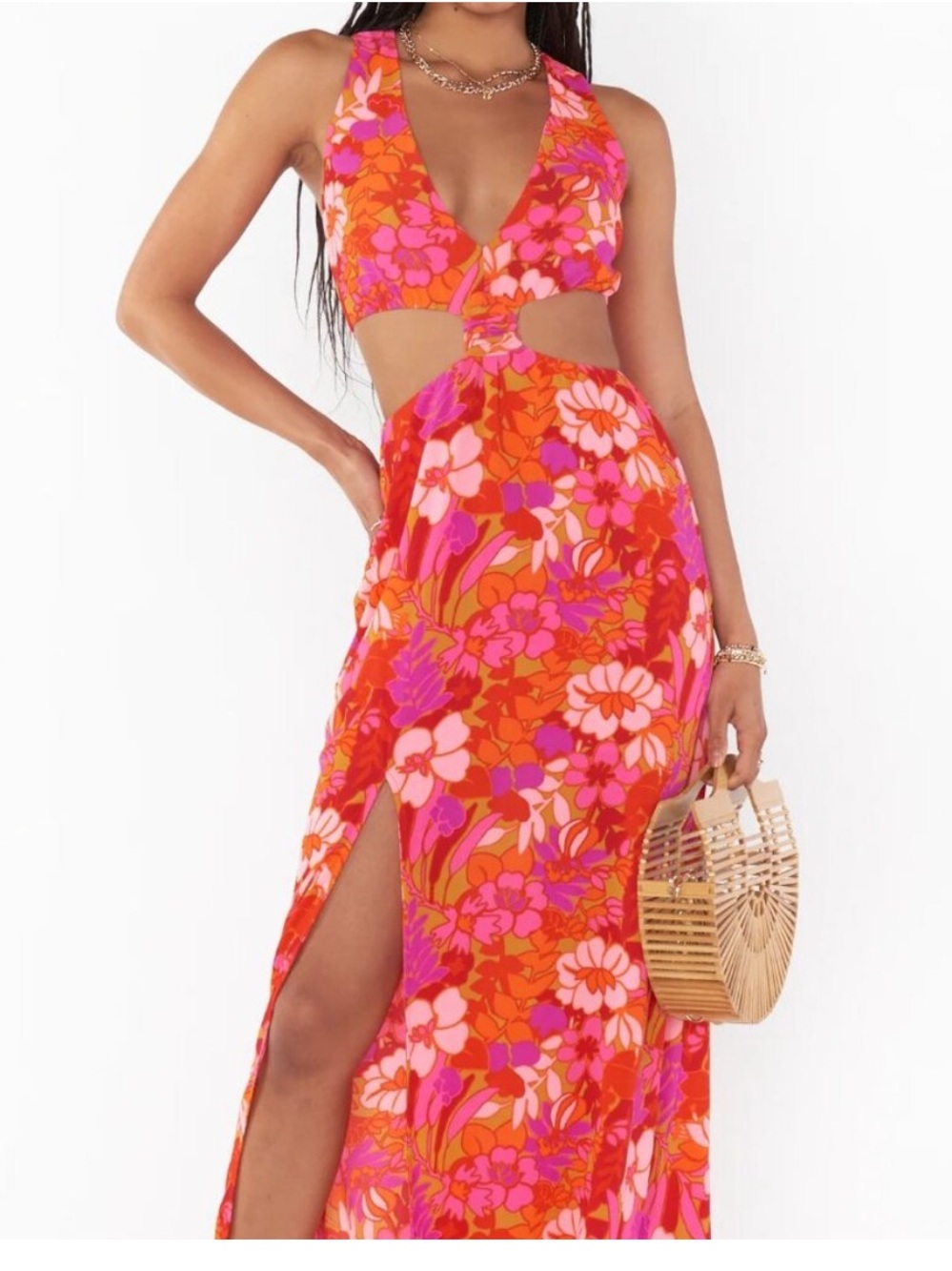 Show Me Your Mumu Halter Floral Cutout Maxi Dress in Orange & Pink